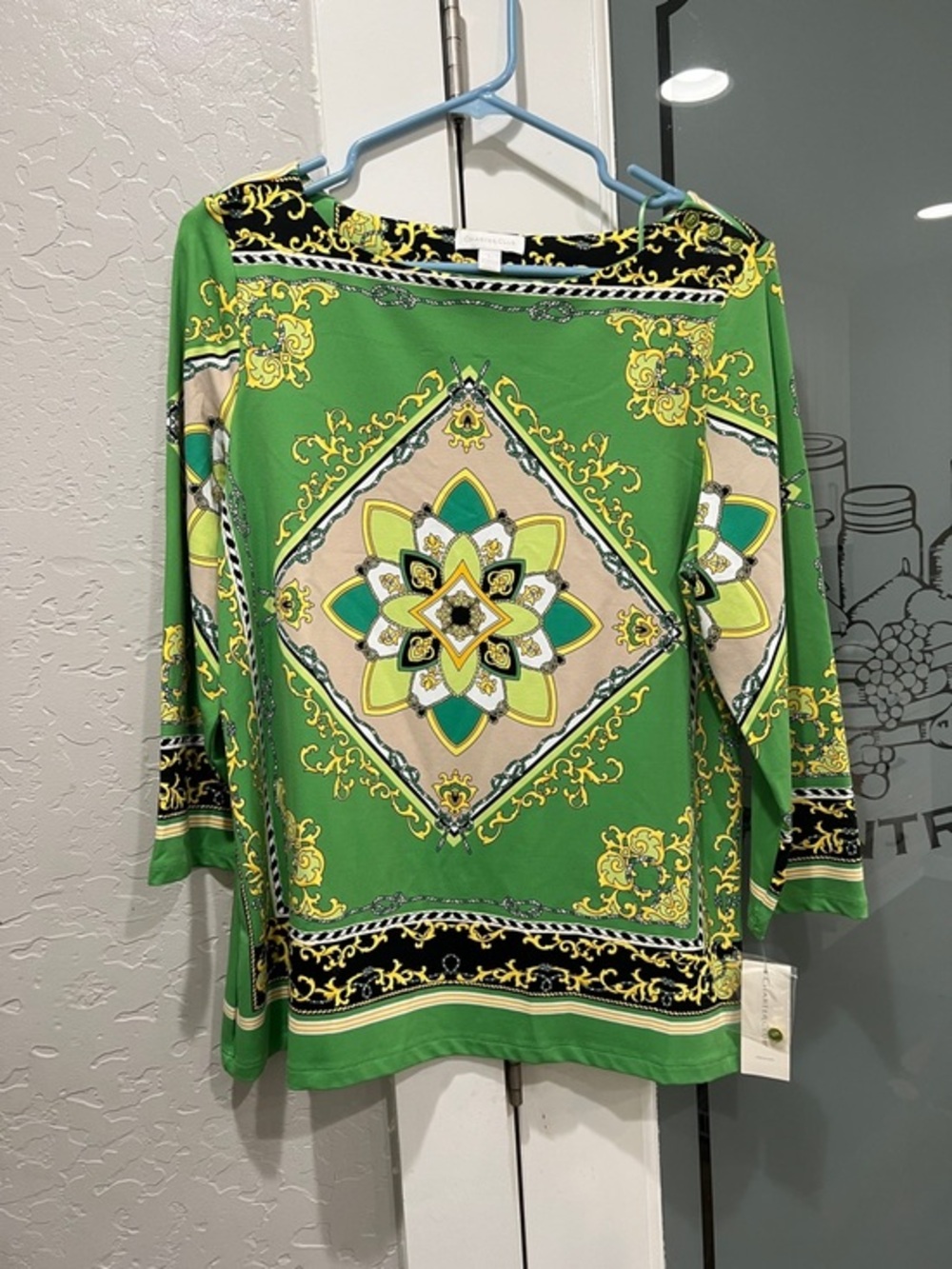 Charter Club Green Medallion Print Tunic with Yellow & Cream Accents